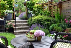Small townhouse perennial summer garden. Also available in vertical. 