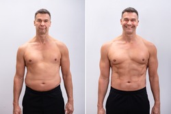 Portrait Of A Mature Man Before And After Weight Loss On White Background. Body shape was altered during retouching