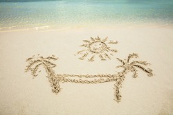 Palm Tree And Hammock Drawn On Sand At Beach