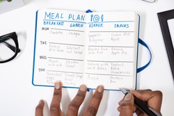 High Angle View Of A Person's Hand Filling Meal Plan On Notebook