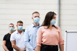Job Center Line Of Jobless Unemployed Recruitment Seekers With Face Masks