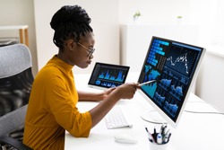 African American Business Data Analyst Woman Using Computer