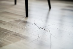 Scratched Laminate Floor Damage. Destroyed House Flooring