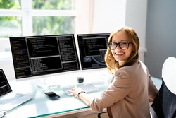 Programmer Woman Coding On Computer. Coder Girl