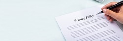 Privacy Policy Notice And Legal Agreement. Woman Reading Contract