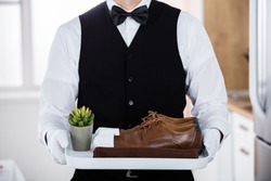 Close-up Of Butler Carrying Pair Of Brown Shoes And Small Cactus Pot On Plastic Tray