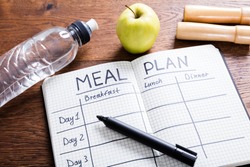High Angle View Of A Meal Plan Concept On Wooden Desk