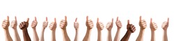 Row Of Hands Showing Thumb Up Sign Against The White Background