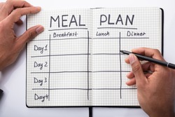 High Angle View Of A Person's Hand Filling Meal Plan In Notebook