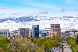 Downtown Boise, Idaho on a spring day after a late snow on the foothills