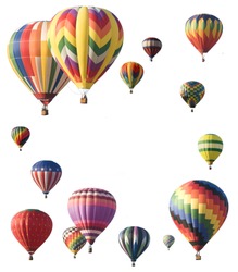 Hot-air balloons arranged around edge of frame allowing space for text in the center of a white background