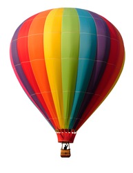 Rainbow colored hot-air balloon against white background. Pilot in silhouette.
