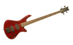 Red bass guitar isolated against white background