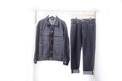 Closeup jeans jacket with blue jeans trouser on hanger