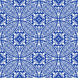 Majolica pottery tile, blue and white azulejo, original traditional Portuguese and Spain decor. Seamless patchwork tile with Victorian motives. Turkish pattern. Vector illustration.