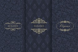 Set of Vintage seamless damask pattern. Collection of design elements, labels, icon, frames for packaging, design of luxury product. Template greeting card, invitation and advertising banner, brochure