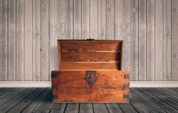 Old wooden chest with open lit