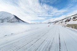 snow road landscape,  highway on snowy plateau
