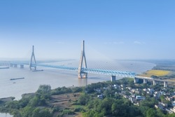 modern railway bridge landscape, steel truss cable-stayed bridge on Yangtze river in Anqing city, Anhui province, China