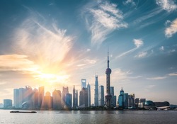 shanghai in sunny morning ,  huangpu river and pudong skyline