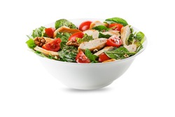 Healthy green salad with chicken breast, tomato and nuts isolated on white