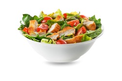 Healthy green salad with crispy fried chicken and tomato isolated on white