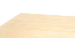 Low angle perspective view of wood or wooden table corner on white background including clipping path