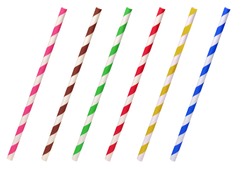 Colorful helical or striped paper straws isolated on white background including clipping path.