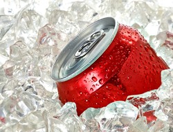 Red blank soda or cola can in crushed ice cubes