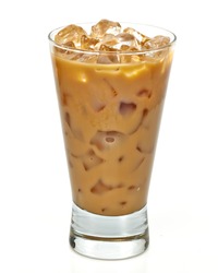 Iced coffee latte in long glass isolated on white background with clipping path