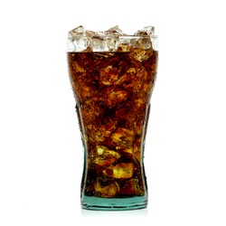 Cola with ice in glass from side on white background