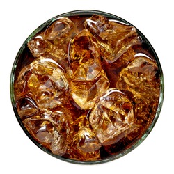 Cola in glass with ice isolated on white background from top view.