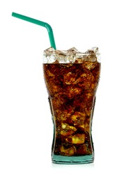 Cola with crushed ice and straw in glass on white background