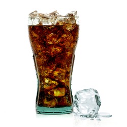 Cola with crushed ice in glass on white background