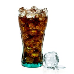 Cola with crushed ice in glass on white background 