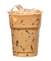 Iced coffee in plastic disposable togo cup or coffee latte in take away or to go cup isolated on white background including clipping path