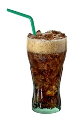Cola with ice in glass on white background