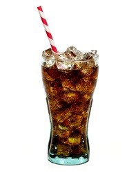 Cola with crushed ice and straw in glass on white background
