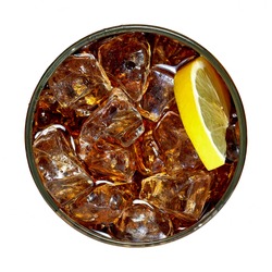 Cola with crushed ice and lemon in glass isolated on white background. From top view.