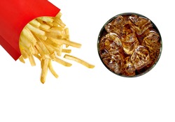 Cola glass and French fries in red box scattered from top view isolated on white background