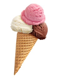 Chocolate ice cream / strawberry ice cream / vanilla ice cream scoop with cone isolated on white background.