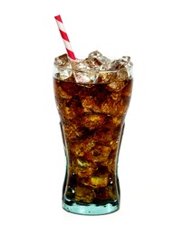 Cola in glass with straw and ice cubes isolated on white background