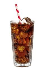 Cola in highball glass with straw and ice cubes isolated on white background including clipping path.