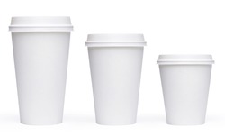 White blank, large, medium and small Takeaway paper, carton or cardboard coffee cup different size isolated on checkered background Packaging template mockup collection with clipping path.