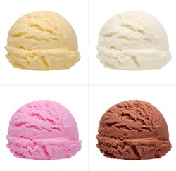 Strawberry, vanilla, chocolate different flavor ice cream scoops side view on white background