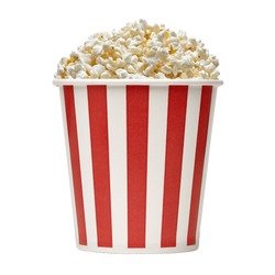 Popcorn in striped bucket on white background

