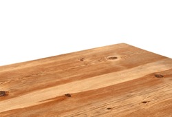 Perspective view of wood or wooden table top corner on white background including clipping path, template mock up for display products.
