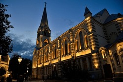 Moscow, Russia, September 3, 2022: Cathedral of Holy Apostles Peter and Paul is Lutheran church in city center in Starosadsky Lane in evening