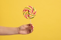 Closeup of woman hand holding appetizing round rainbow candy on stick, big lollipop in arm, confectionery advertising, glucose sweet foods. Indoor studio shot isolated on yellow background.