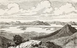 Old view of Great Salt Lake, Utah. Original, from unknown author, was published on L'Eau, by G. Tissandier, Hachette, Paris, 1873